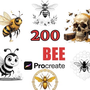 200 Bee Procreate Stamp Brushes, Honey Bee Clipart, Bee Design Elements Bundle, Digital Stencils, Insect Illustrations, Honeycomb Art