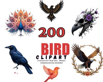 200 BIRD Clipart Bundle, Watercolor Birds, Cute Bird Illustrations, Bird PNGs for Crafts, Digital Art, Nature Clip Art