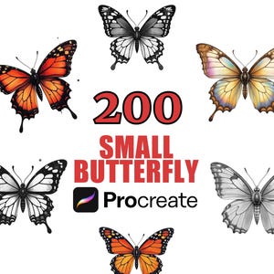 Può includere: Illustrazione digitale di sei farfalle in vari colori e stili. L'immagine include il testo "200 SMALL BUTTERFLY Procreate". Le farfalle sono in tonalità arancioni, nere, bianche e grigie.