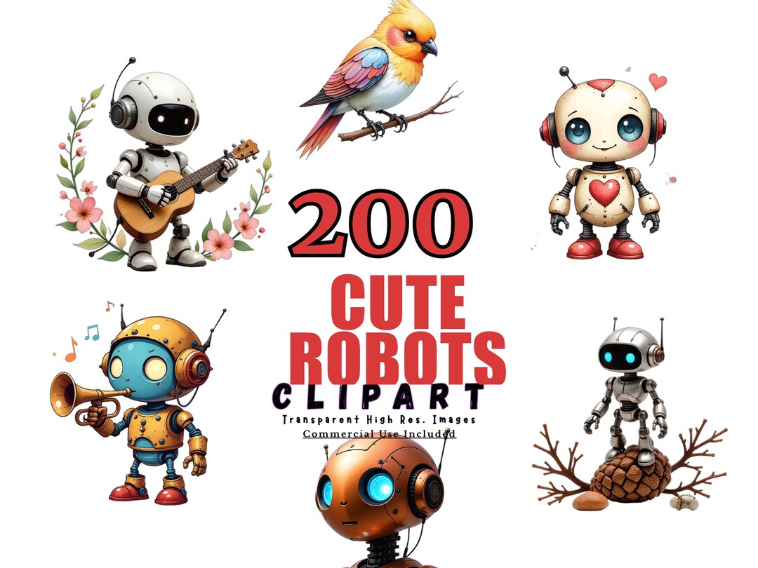 Cute Robots Clipart Bundle - 200 Adorable Robot Illustrations, Digital ...
