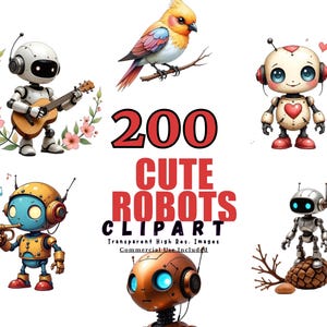 Cute Robots Clipart Bundle - 200 Adorable Robot Illustrations, Digital PNGs for Kids, Scrapbooking, and Creative Projects