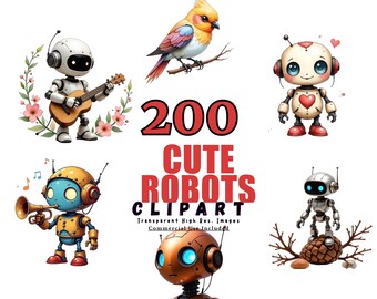 Zestaw uroczych robotów Clipart - 200 uroczych ilustracji robotów, cyfrowe obrazy PNG dla dzieci, scrapbooking i projekty kreatywne