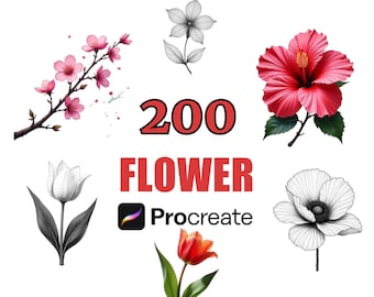 200種類のフラワーProcreateブラシスタンプバンドル、花のクリップアート、植物デザイン、デジタルスタンプ、フラワーブラシセット、自然要素