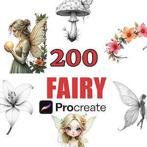 May include: Digital art featuring illustrations of fairies, flowers, and mushrooms. The image includes the text "200 FAIRY Procreate". The illustrations are in color and black and white.