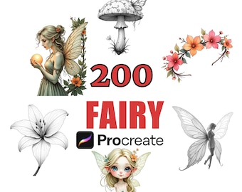 200種類の妖精Procreateスタンプブラシセット、魔法のクリップアートバンドル、魔法の妖精デザイン、デジタルブラシ、ファンタジースタンプ、妖精イラスト