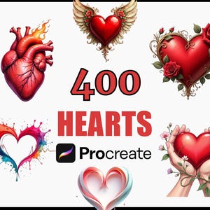 Może przedstawiać: Obraz z różnymi ilustracjami serc w kolorach czerwonym i różowym, z tekstem "400 HEARTS" i logo Procreate. Serca obejmują projekty anatomiczne, skrzydlate i kwiatowe, idealne do projektów graficznych.
