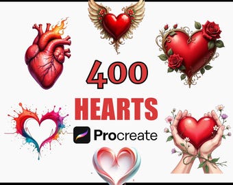 Pacchetto di 400 pennelli Procreate Heart Stamp, disegni di amore e amicizia, stencil per tatuaggi romantici, arte digitale, pennelli Procreate, cuori vettoriali