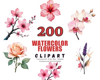 200 WATERCOLOR FLOWERS Clipart Bundle - Floral Illustrations, Digital PNGs for Invitations, Scrapbooking, and Crafting Projects