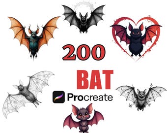 200 Procreate BAT-tema stämpelpenslar, Halloween-clip art, kusliga designer, digitala stämplar, unikt penselpaket, BAT-clip art