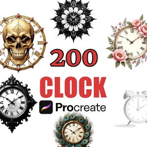 200 Procreate klockstämplar penselset, klocka clipart, klockdesigner, digitala penslar, timglasschabloner, tidlös konstpaket