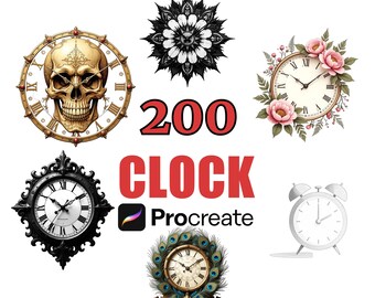 200 Procreate Uhrenstempel, Uhrendesigns, digitale Pinsel, Hourglass-Schablonen, zeitloses Kunst-Bundle