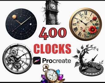 400 Procreate Uhrenstempel & Bürsten, Vintage-Uhren Designs, Digitaluhr Illustrationen, Uhrenkunst Pinsel, Procreate Werkzeuge