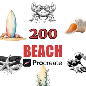 Op de afbeelding: Een afbeelding met strandthema-illustraties: een surfboard, schelpen, zonnebrillen, een zeester, een krab met een bril en een golf. Het nummer "200" en het woord "BEACH" zijn rood. Het Procreate-logo is ook aanwezig.