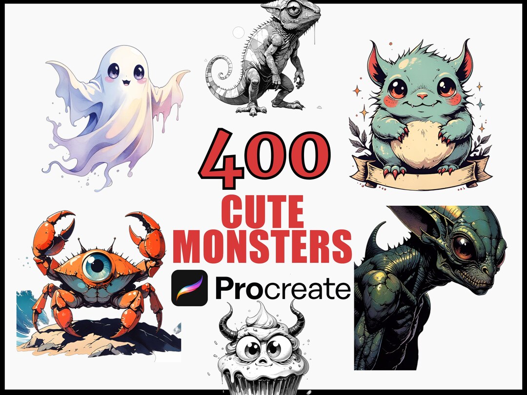 400 Cute Monsters Procreate Stamps & Brushes Set, Fun Tattoo Design ...