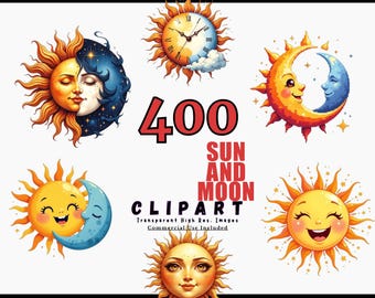 Sun and Moon Clipart Bundle - 400 Transparent PNGs for Celestial Designs, Digital Art, Commercial Use, Instant Download