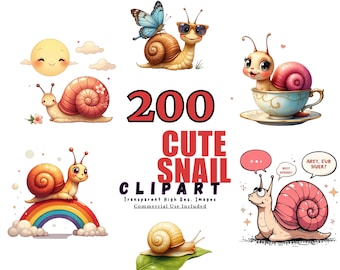 Paquete de imágenes prediseñadas de caracoles adorables: 200 ilustraciones de caracoles adorables, caracoles en acuarela, arte digital de caracoles para manualidades e invitaciones infantiles.