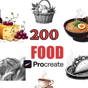 200 Food Procreate Stamp Brushes Bundle, Culinary Clip Art, Snack Designs, Digital Food Stencils, Kitchen Elements, Fun Brush Set