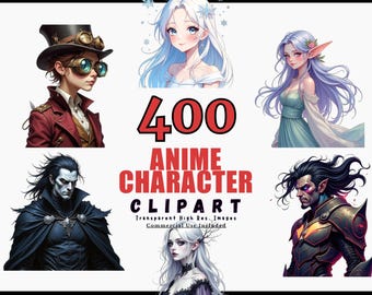 Paquete de 400 imágenes PNG de personajes de anime, fondo transparente, arte digital, descarga instantánea, uso comercial, diseños de anime adorables