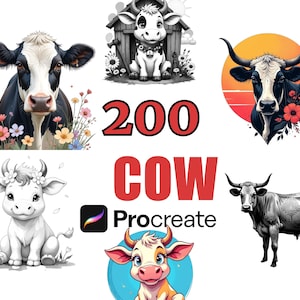 May include: A selection of cow illustrations in diverse styles, including monochrome and colour. The number "200" and the word "COW" are in red, with the Procreate logo beneath.