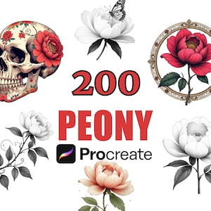 200 Peony Procreate Stamps Brush Set, Floral Clipart Bundle, Flower Design Brushes, Digital Stamps, Botanical Art, Illustrations