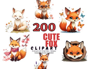 Cute Fox Clipart Bundle - 200 Adorable Fox Illustrations for Kids, Nursery, Scrapbooking, and More - PNG, Digital Download