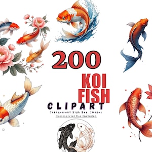 Peut inclure: Plusieurs illustrations de poissons koï à l'aquarelle dans des tons orange, rouge, bleu et or. L'image comprend le texte "200 Koi Fish Clipart" avec les mots "Transparent High Res. Images Commercial Use Included".