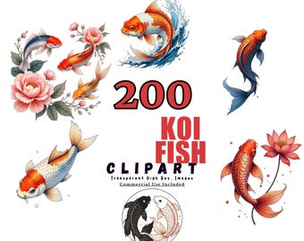 200 KOI FISH Clipart PNG Bundle, Transparent Background, Digital Download, Watercolor Koi Designs for Crafts and Printables