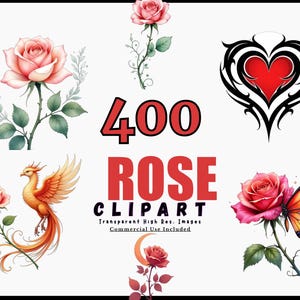 400 ROSE Clipart Bundle, Transparent PNG, Floral Design, Watercolor Roses, Digital Flower Art, Commercial Use, Instant Download
