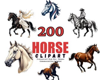 200 Horse Clipart Bundle - Watercolor Horses, Equine Illustrations, Barn Animals, Transparent Background, Digital Download