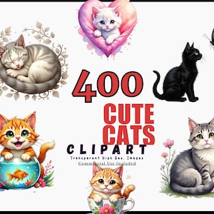 400 CUTE CATS Clipart Bundle, Transparent PNG, Adorable Cat Graphics for Crafts, Digital Downloads, Commercial Use, Instant Download