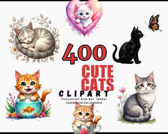 400 CUTE CATS Clipart Bundle, Transparent PNG, Adorable Cat Graphics for Crafts, Digital Downloads, Commercial Use, Instant Download