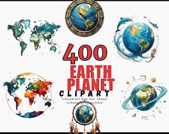 Paquete de 400 imágenes prediseñadas del planeta Tierra, PNG transparentes, ilustraciones digitales de la Tierra, arte natural imprimible, uso comercial, descarga instantánea