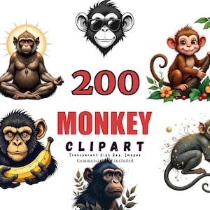 200 Monkey Clipart Bundle - Cute Monkey Art for Kids, Cartoon Monkeys, Digital Downloads, Fun Jungle Animals PNGs