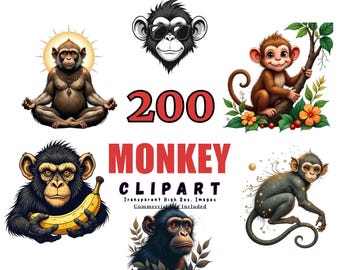 Pacchetto di 200 Clipart di Scimmie - Simpatiche Scimmie per Bambini, Cartoni Animati, Download Digitali, Divertenti Animali della Giungla in PNG
