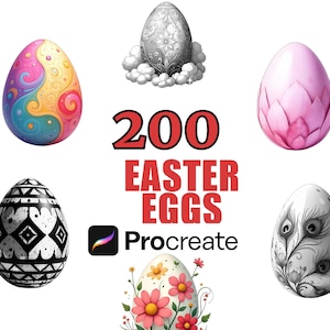May include: An image featuring six decorative Easter eggs with various designs and colors. The text "200 EASTER EGGS Procreate" is displayed in red and black. The eggs have patterns, floral designs, and watercolor effects.