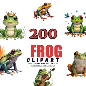 200 FROG Clipart Bundle - Cute Frog Illustrations, Watercolor Frogs PNG, Cartoon Frog Graphics for Kids, Nature, and Party Themes