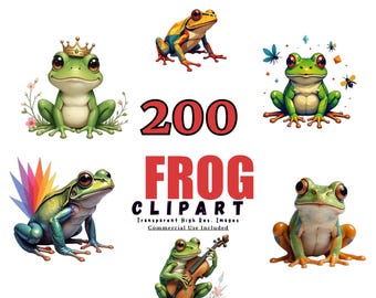 200 FROG Clipart Bundle - Cute Frog Illustrations, Watercolor Frogs PNG, Cartoon Frog Graphics for Kids, Nature, and Party Themes