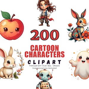 200 Cartoon Characters Clipart Bundle - Fun Digital Illustrations, Cute Characters for Kids, Fantasy & Party Themes, PNG Files
