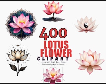 Pacchetto Clipart di fiori di loto - 400 disegni PNG trasparenti per progetti fai da te, arte spirituale, inviti, uso commerciale
