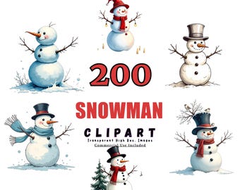 200 Snowman Clipart Bundle - Cute Winter Snowman PNGs, Christmas Clip Art, Frosty Characters with Transparent Background