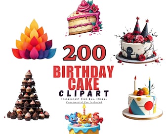 Pacchetto Clipart di Torte di Compleanno vol. 2 - 200 file PNG, Disegni di Torte Carine, Arte di Torte Celebrative, ClipArt Digitali per Feste di Compleanno