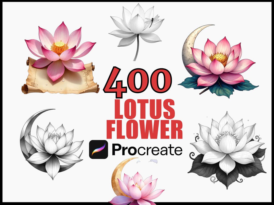 400 Lotus Flower Procreate Stamps Brush Set, Floral Tattoo Designs ...