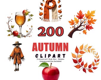 Autumn Clipart Bundle - 200 Fall Designs, Pumpkin, Leaves, Acorns, Harvest Themed Digital Art, Transparent Background PNGs