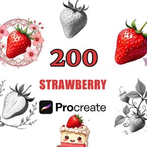 Könnte beinhalten: Digitale Kunstgrafik mit mehreren Erdbeer-Illustrationen. Das Bild enthält eine rote Erdbeere mit grünen Blättern, eine schwarz-weiße Erdbeere und den Text "200 STRAWBERRY Procreate".