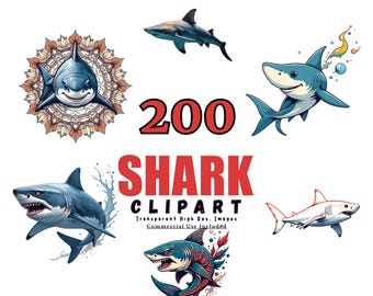 SHARK Clipart Bundle - 200 Meerestier-Grafiken, Meeresbewohner PNGs, Ozean-Designs für lustige Projekte, digitale Downloads