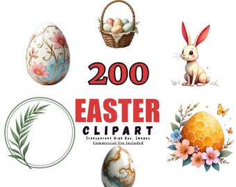 EASTER Clipart Bundle - 200 Adorable Easter Designs, Bunny, Egg, Chick Illustrations, Digital PNGs for Spring Celebrations