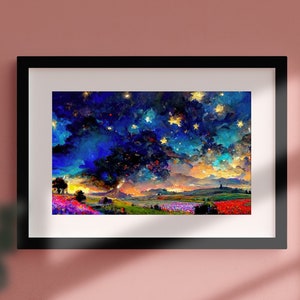 Landscape Painting Of Colorful Starry Night Sky, Clouds, Rolling Hills & Flowers -  Poster Print - Wooden-Framed Museum-Quality Matte Paper