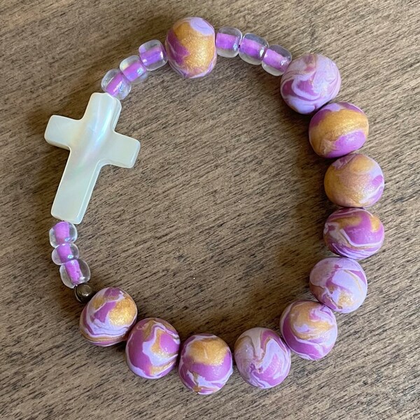 Handmade Decade Pocket Rosary clay bead purple gold shell cross