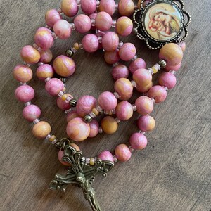 Handmade Rosary clay bead Mary Child Jesus pink wheat bronze