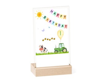 1. Geburtstag Traktor Acryl Schild mit Holzständer